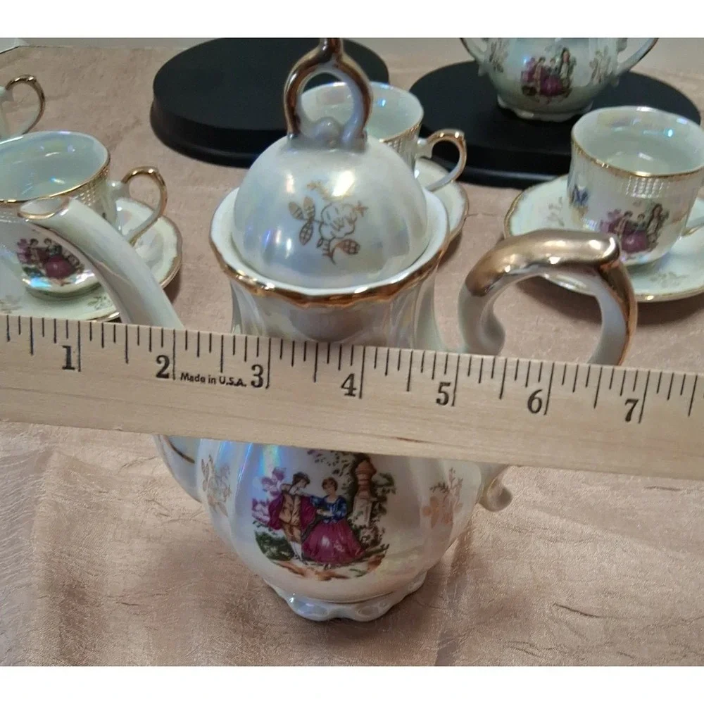 Vintage 1960s Made in Japan Courting Couple Demitasse Tea Set Gold Trim 13 Pc‎